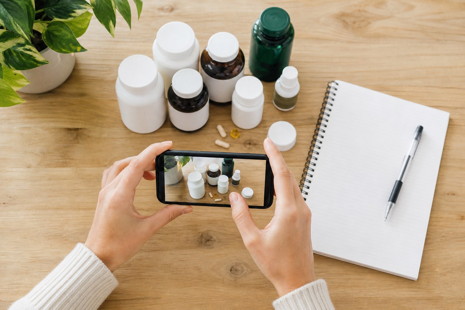 Person photographing unbranded medicine and supplement bottles beside a blank notebook