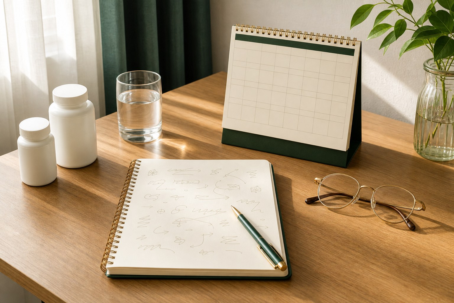 Unbranded bottles, blank calendar, notebook, and glasses prepared for a health conversation