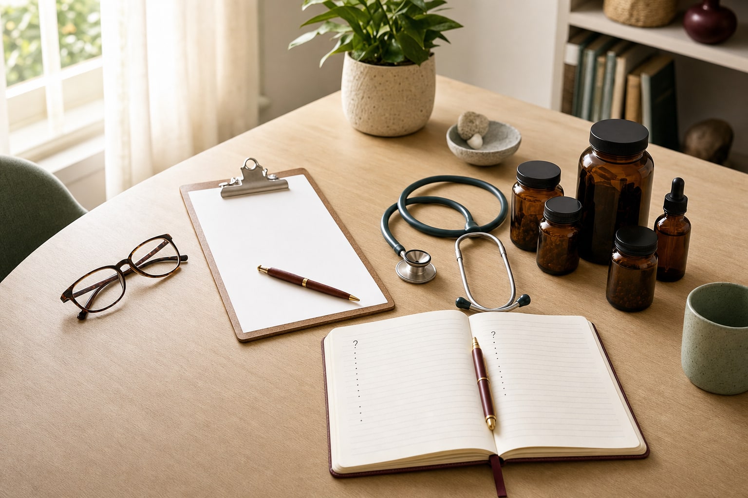 Consultation desk with a notebook, stethoscope, and unbranded wellness bottles
