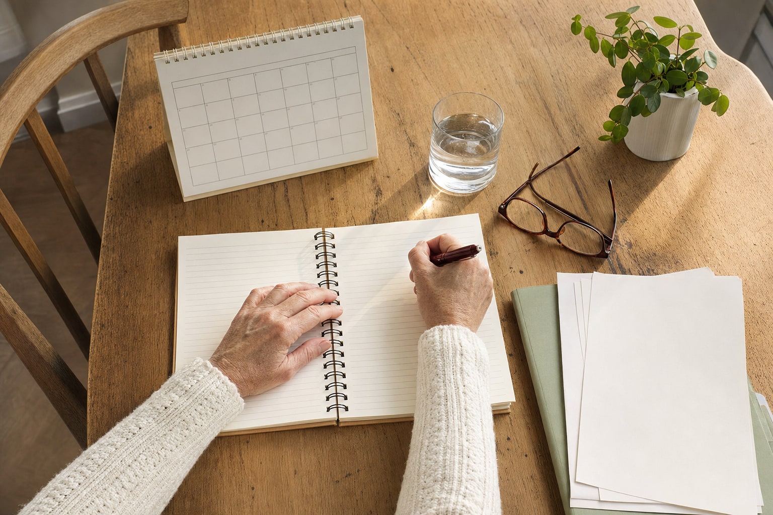 Person writing health questions in a notebook at a sunlit table