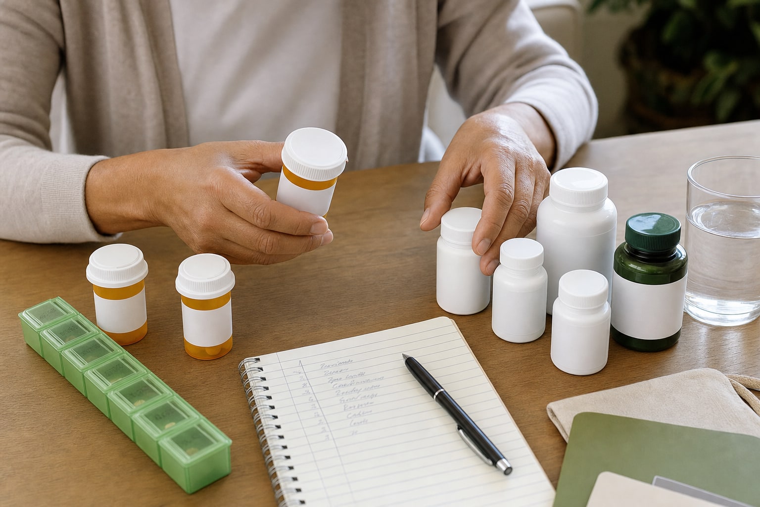 Person arranging unbranded medicine and supplement bottles beside a weekly organizer