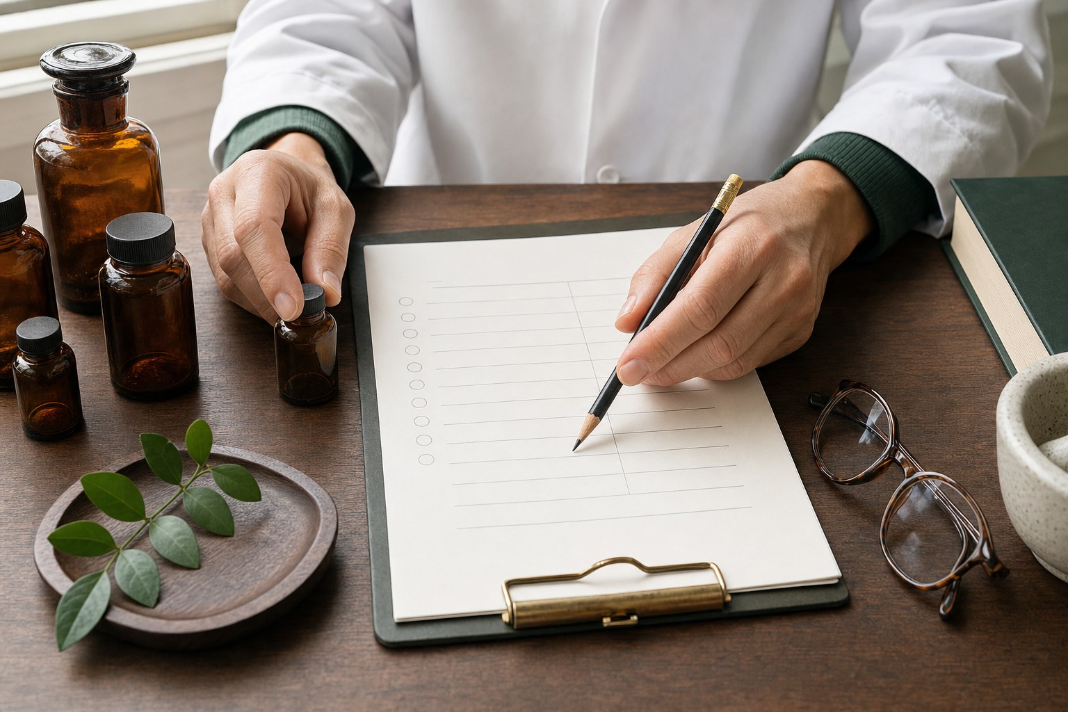 Hands reviewing a wellness checklist with amber bottles and a pencil