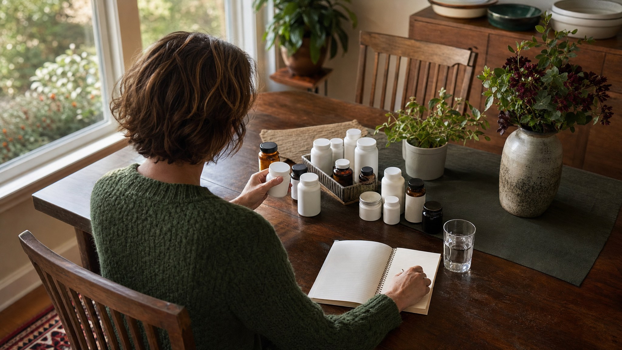 Person organizing medication and supplement bottles beside a notebook at home