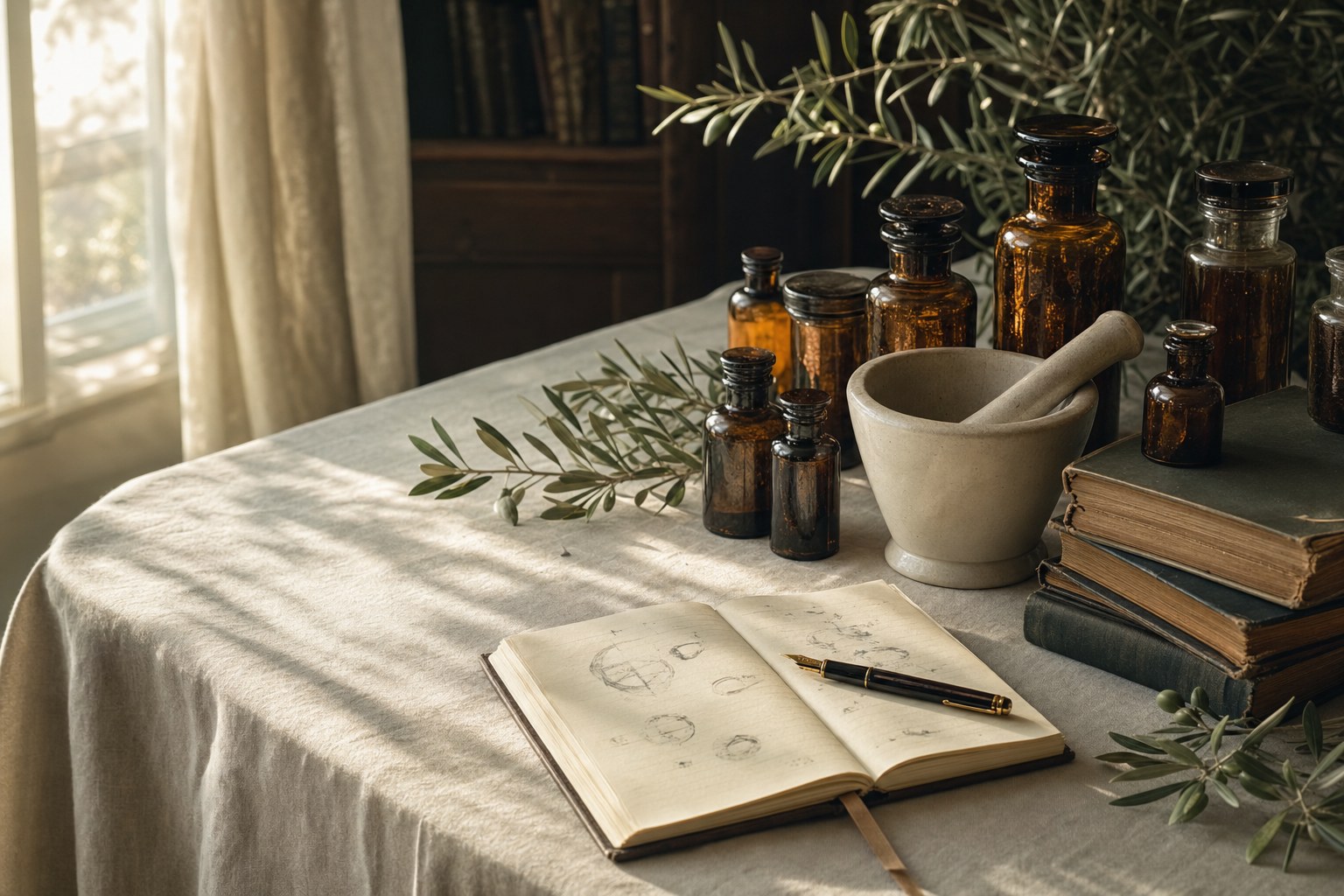 Amber apothecary bottles and a notebook in warm window light