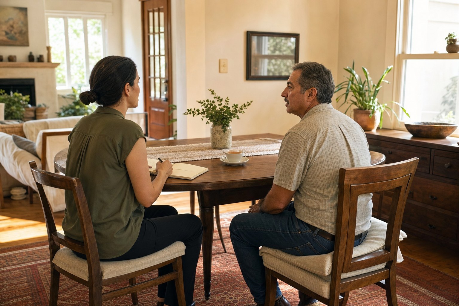 A calm wellness conversation in a sunlit home
