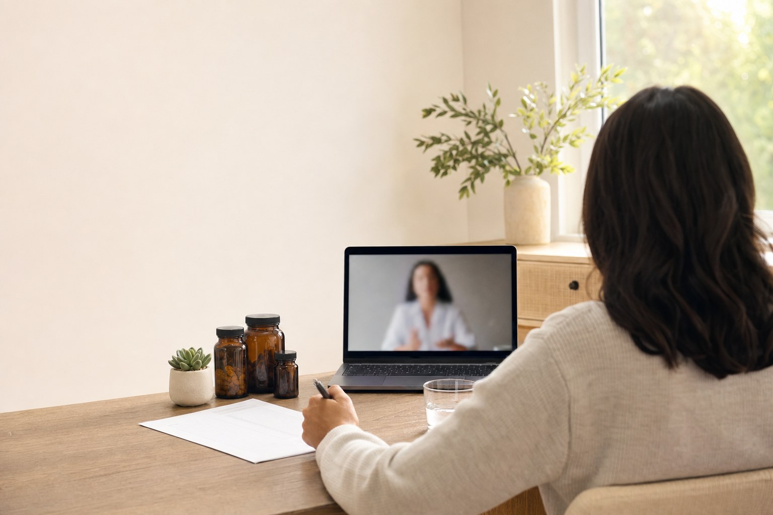 Person in a private telehealth wellness consultation from home