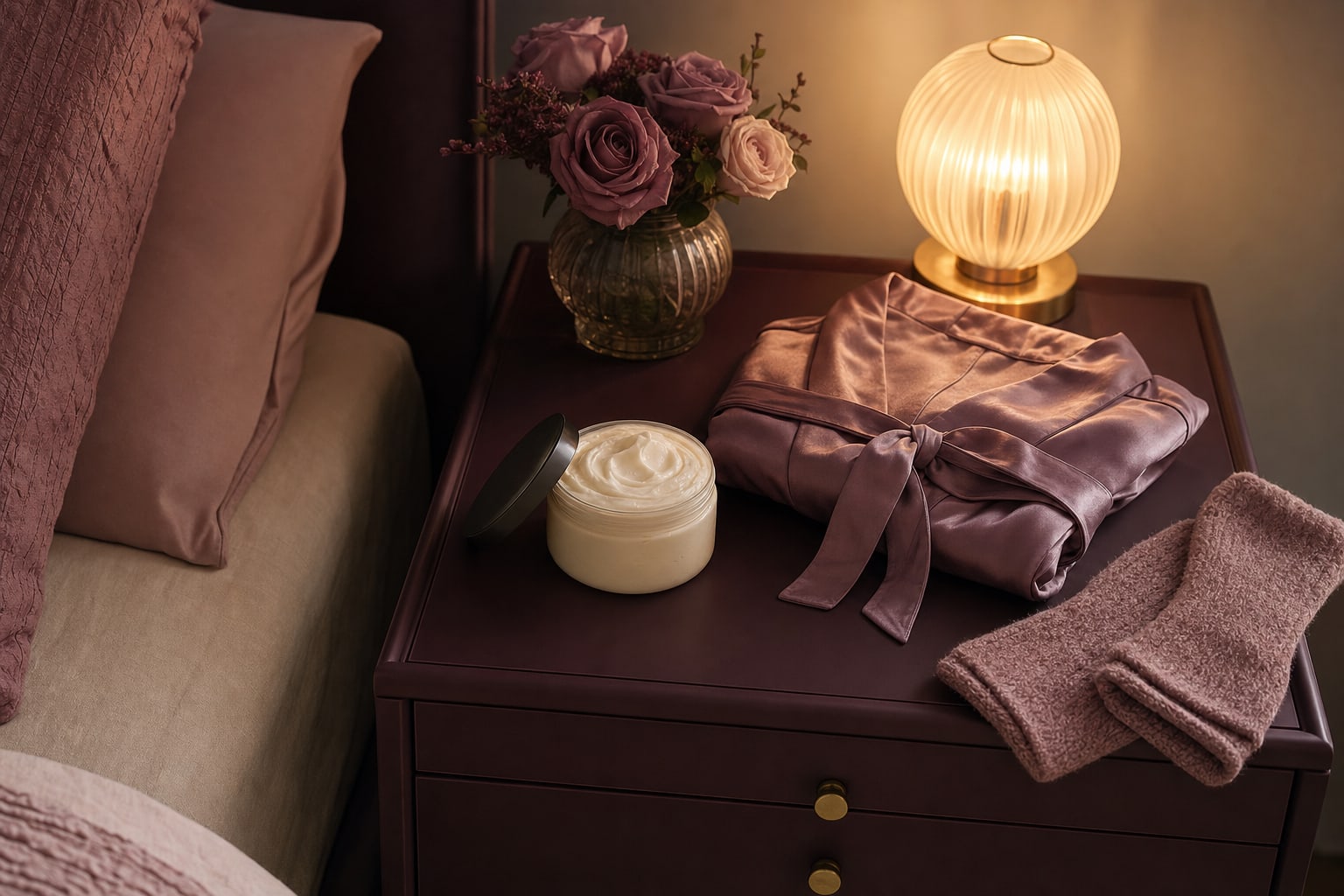 Body butter, satin robe, and warm lamp arranged on a plum bedside table