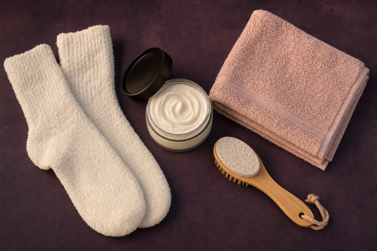 Open jar of body butter with soft socks, a towel, and a dry brush on a plum surface