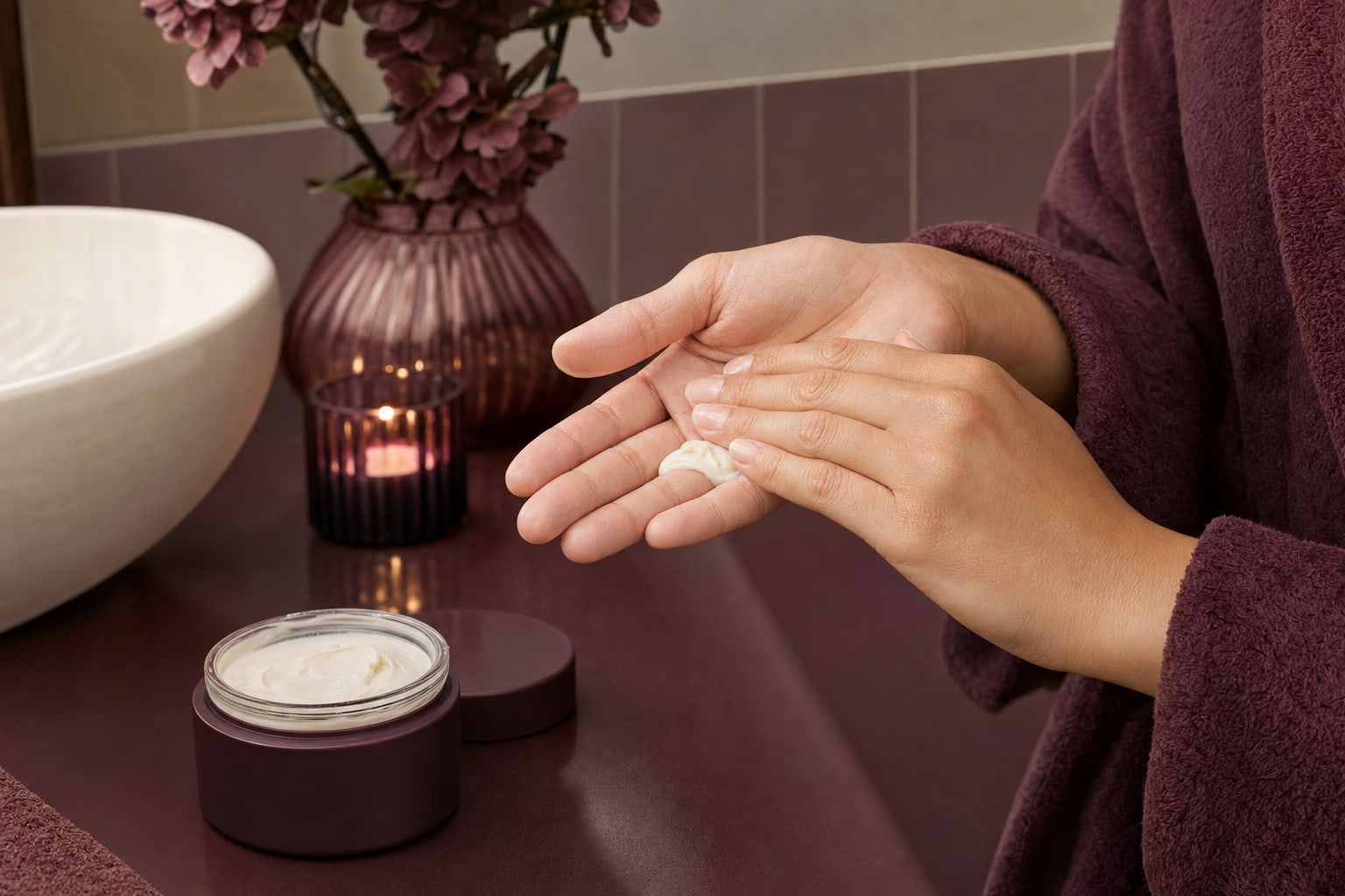 Hands warming a small amount of body butter over a plum vanity