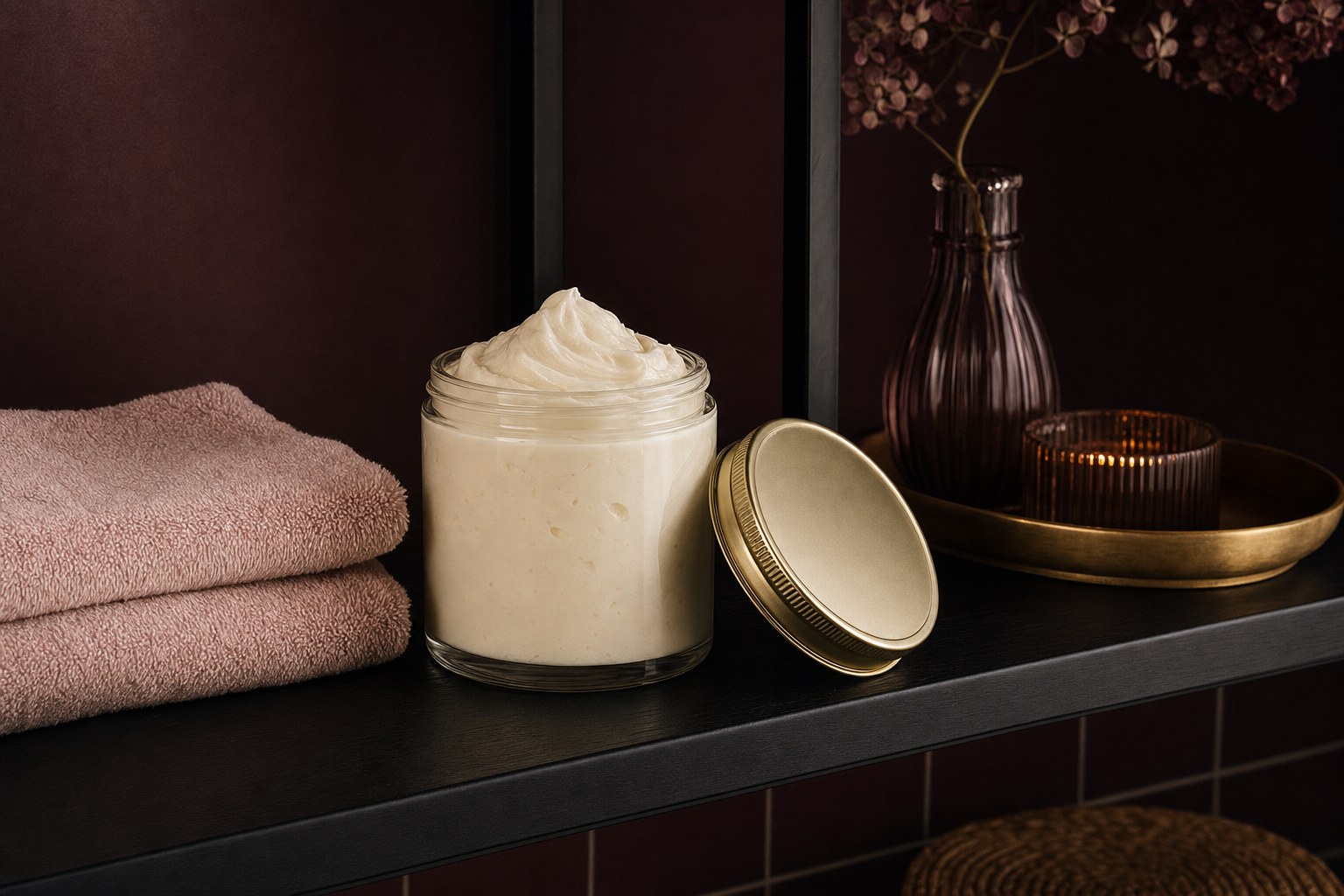 Open jar of body butter stored on a clean dark shelf beside folded towels