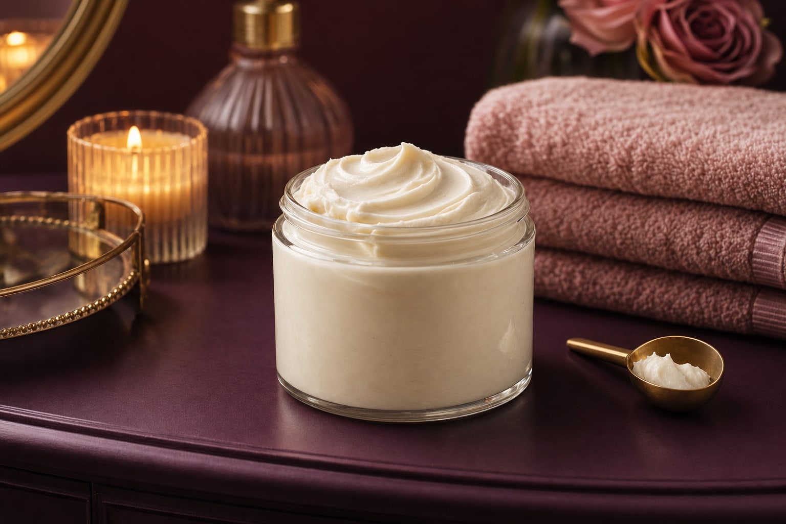 Open jar of whipped body butter on a plum vanity beside a gold scoop and folded towels