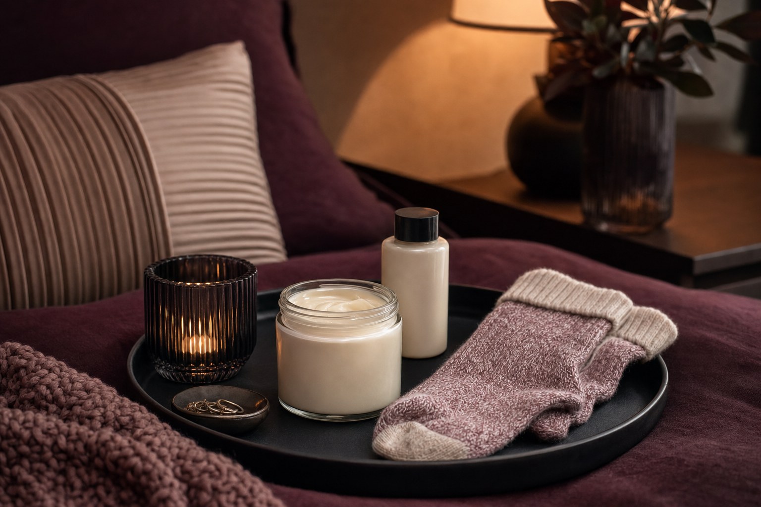 Body butter, lotion, and socks arranged for an evening body-care ritual