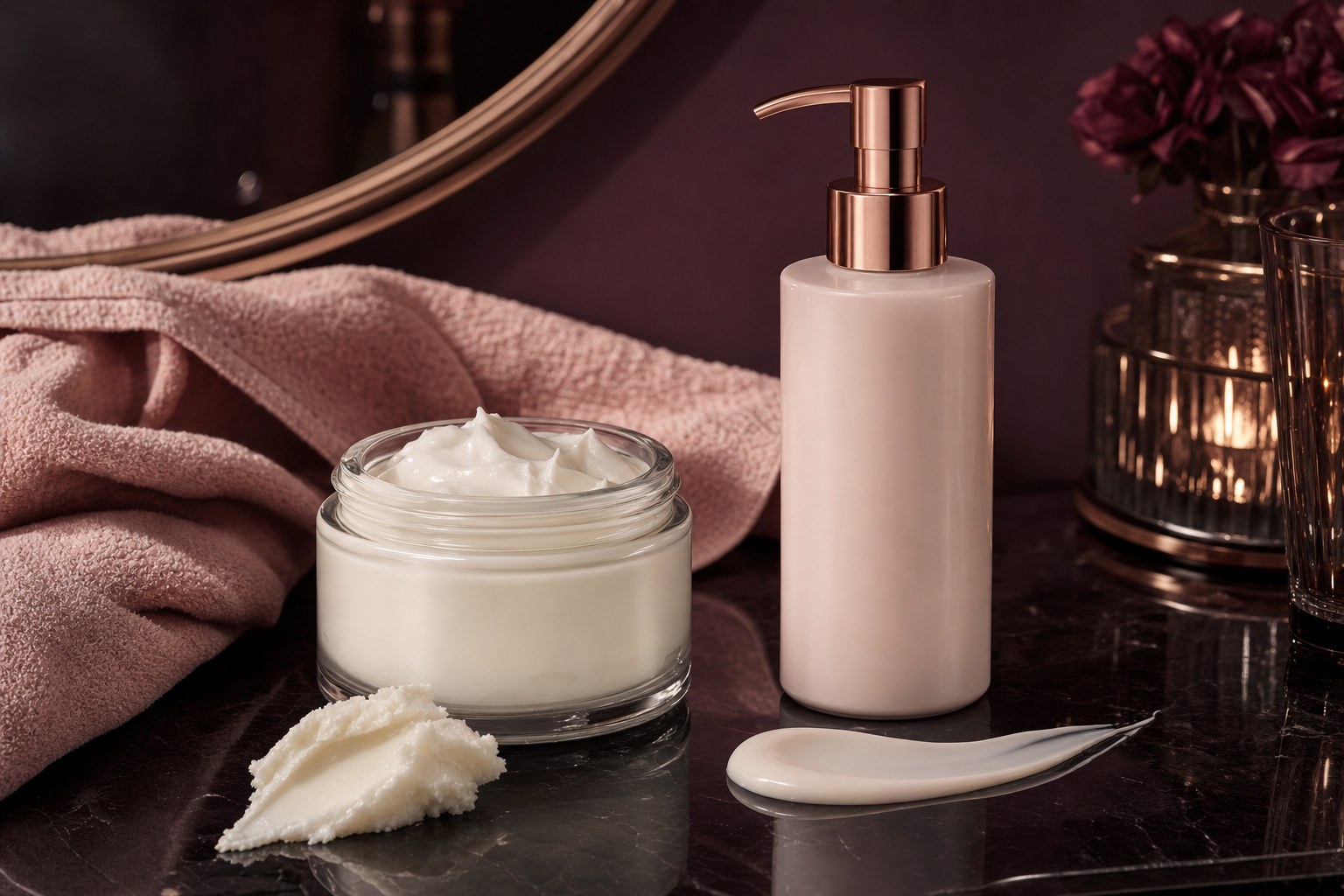 Unlabeled body butter jar and lotion bottle on a plum vanity