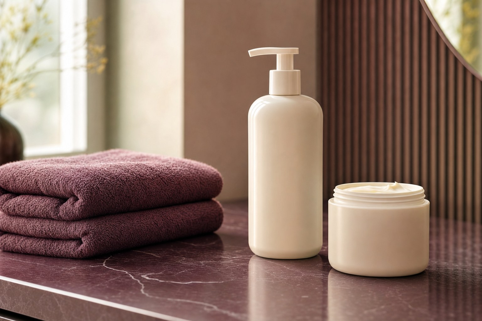 Generic lotion pump and body butter jar beside folded towels