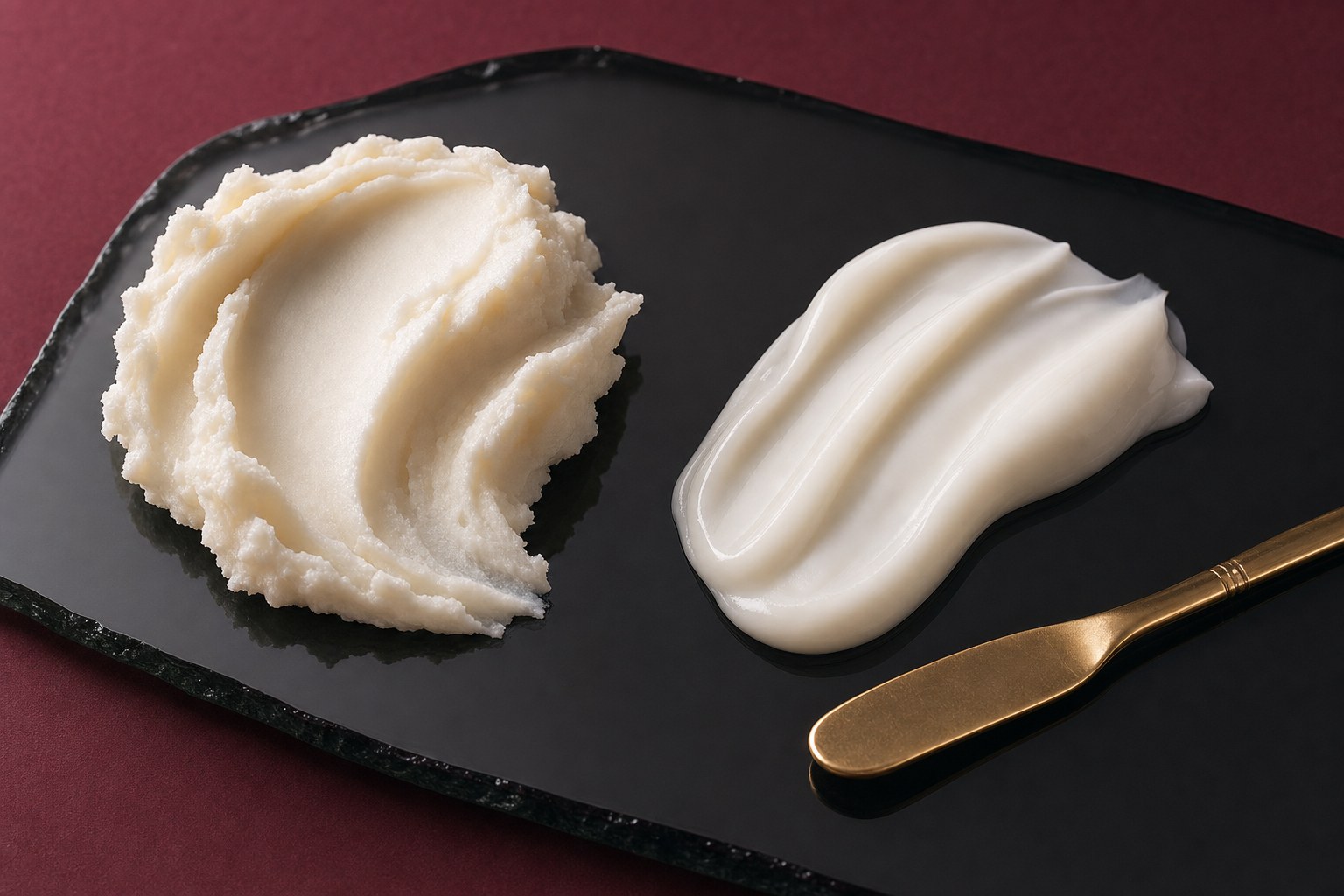 Dense body butter and smooth lotion textures on a black tray