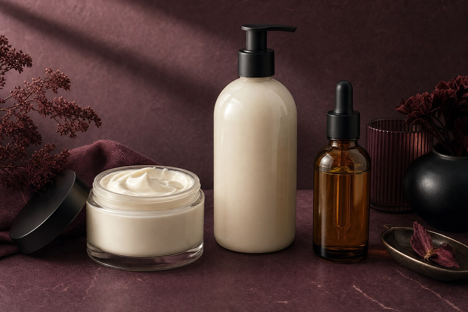 Unlabeled body butter, lotion, and body oil arranged on a plum vanity