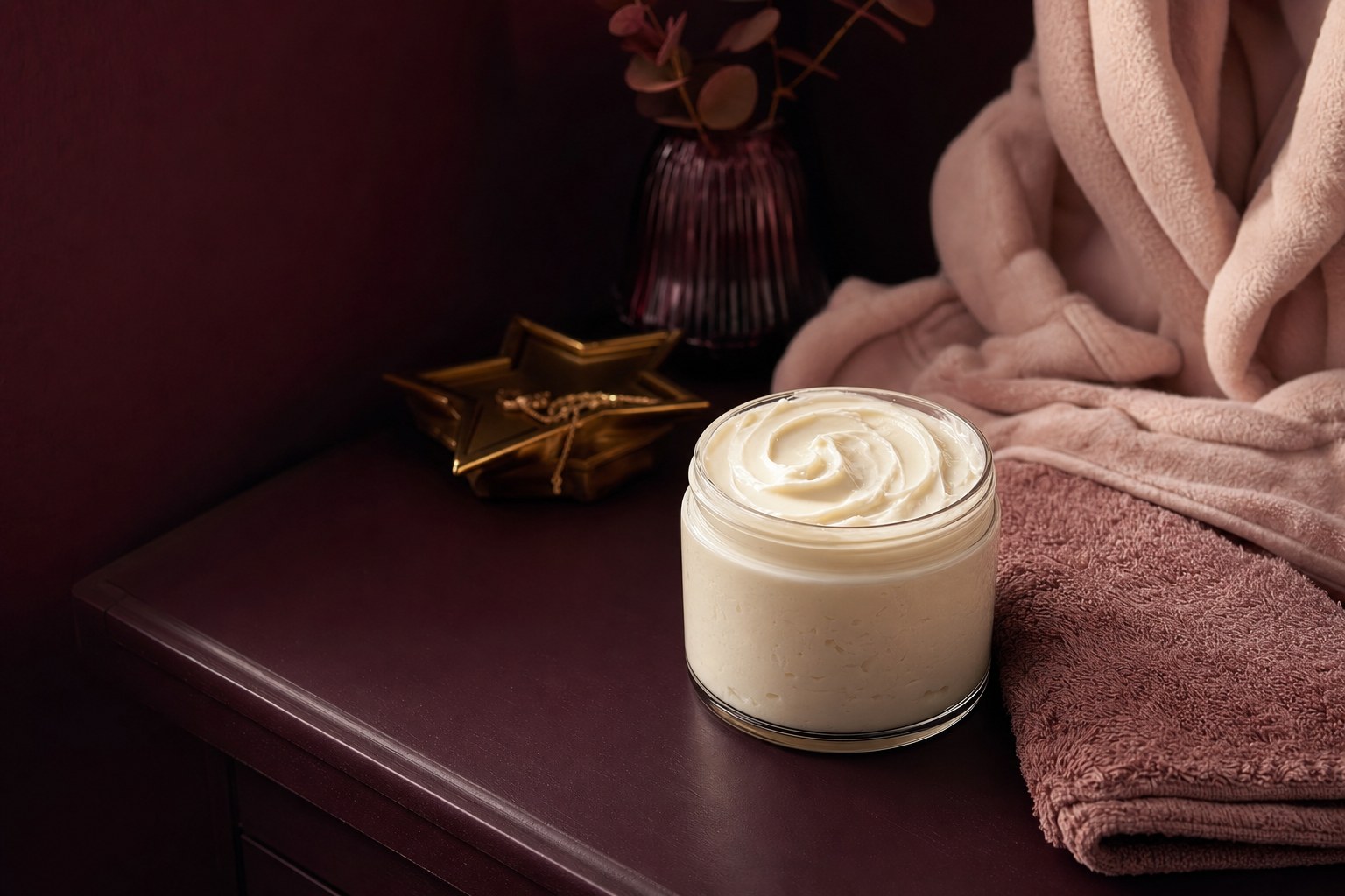 Open jar of whipped body butter beside folded towels on a plum vanity