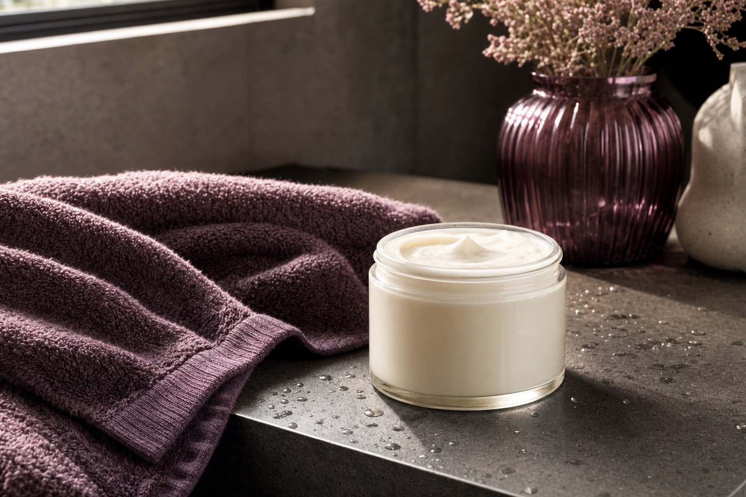 Open jar of body butter on a bathroom counter beside a plum towel