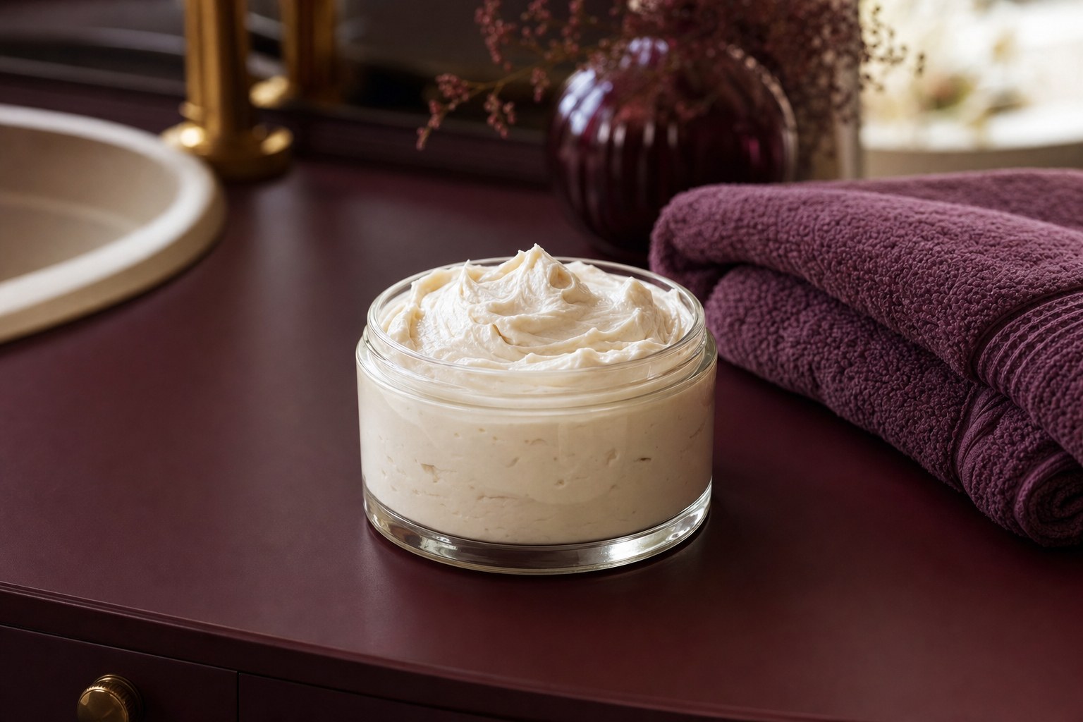 Open jar of creamy whipped body butter beside plum towels on a vanity