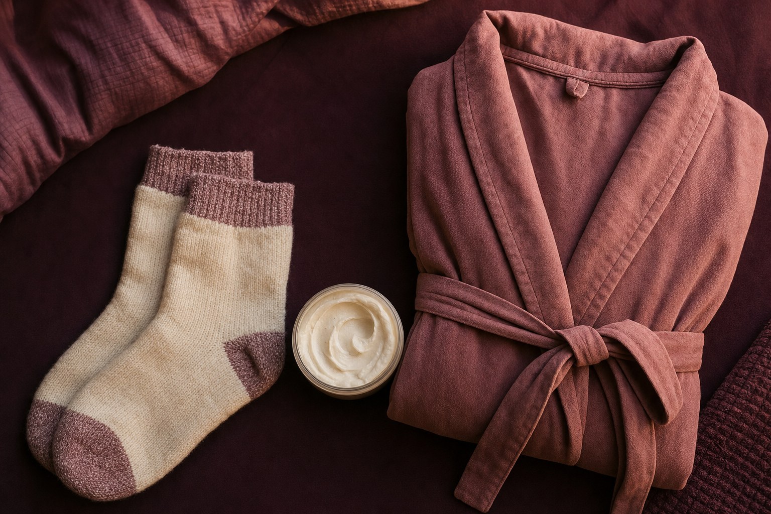 Body butter, soft socks, and a robe arranged for an evening routine