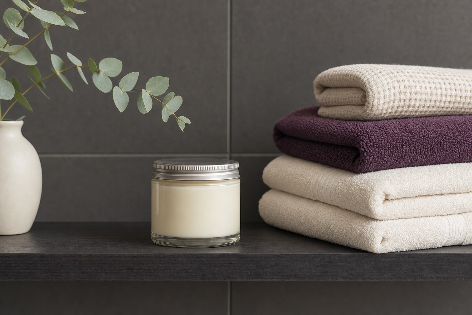 Closed jar of body butter stored on a shelf beside neatly folded towels