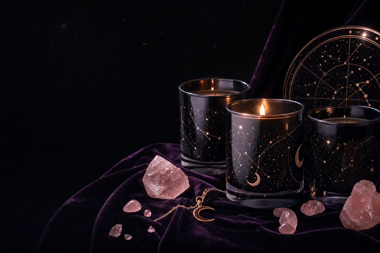 Lit candles and rose quartz for a nighttime ritual
