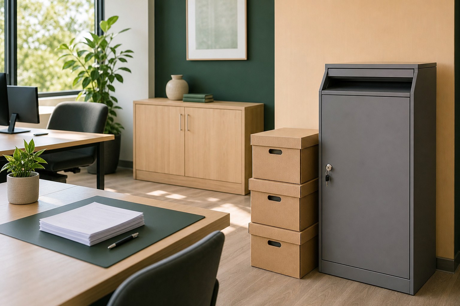 Secure locked collection console and sealed archive boxes in a local business office