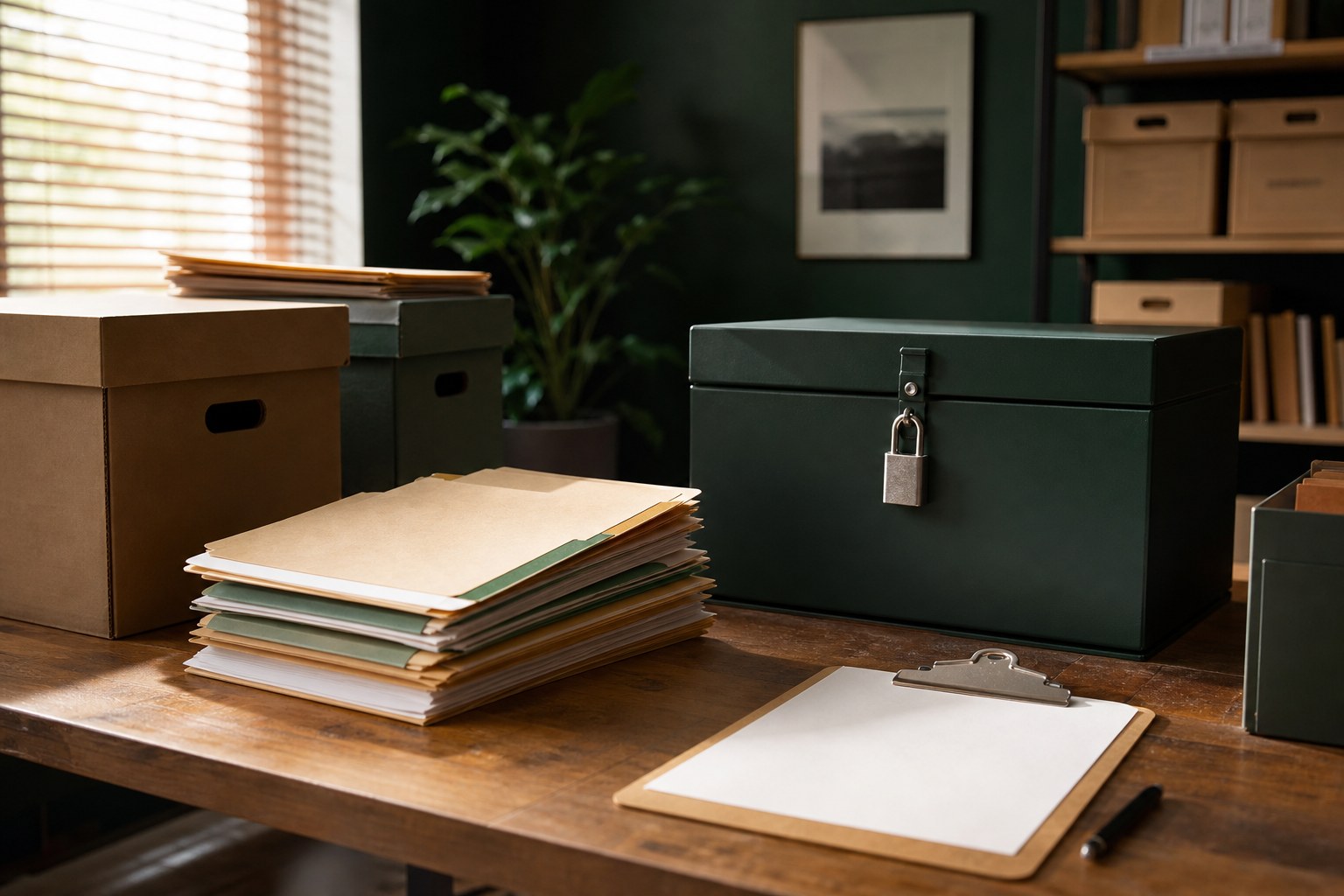 Business records, archive boxes, and a locked storage console arranged for a records review