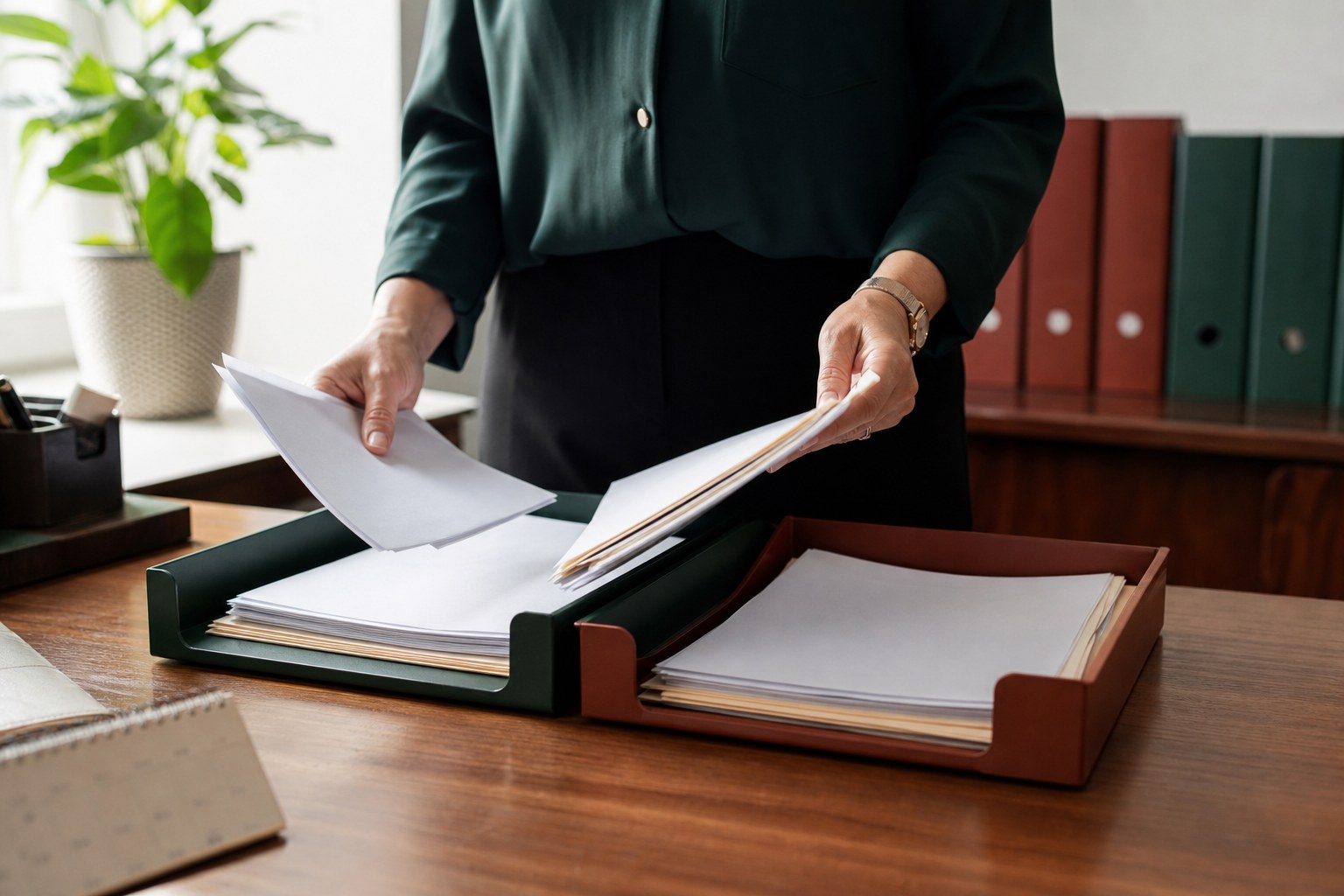 Office manager sorting business paper files into two desk trays during a records review