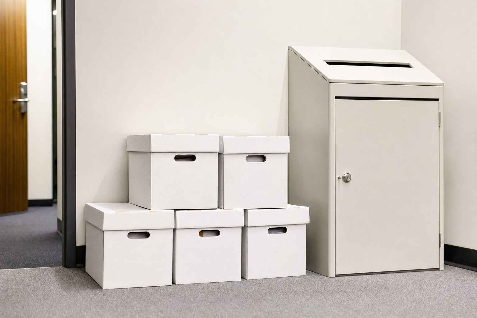 Sealed archive boxes beside a locked document collection console in a business office