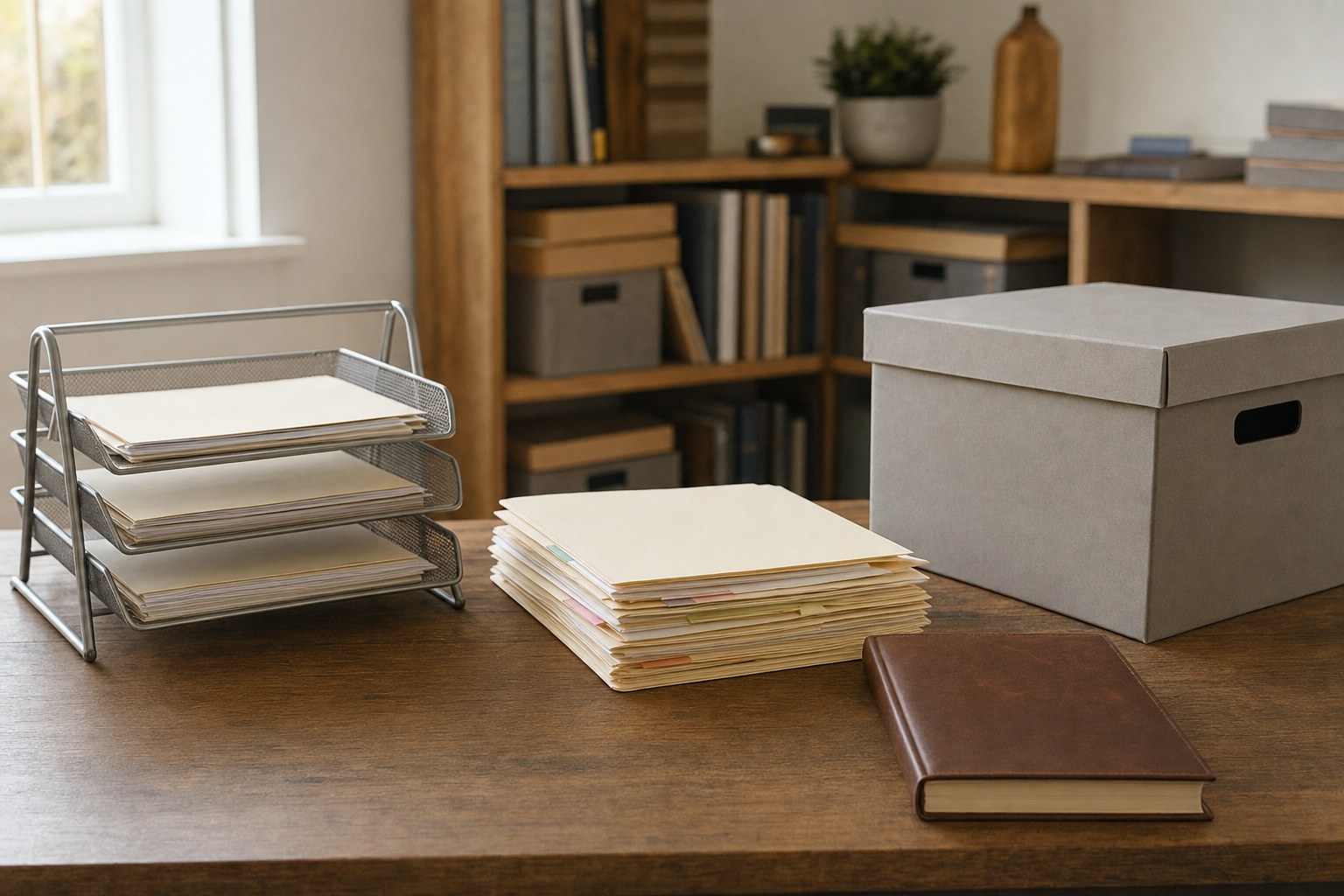 Organized file folders, archive box, and records trays on a local business desk