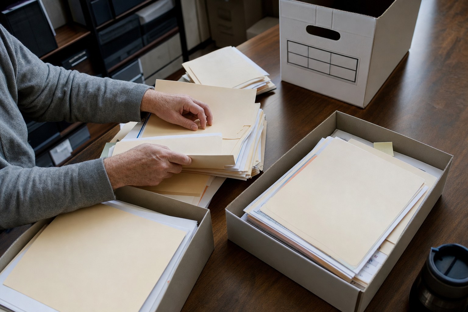 Business team member sorting paper files during a records review