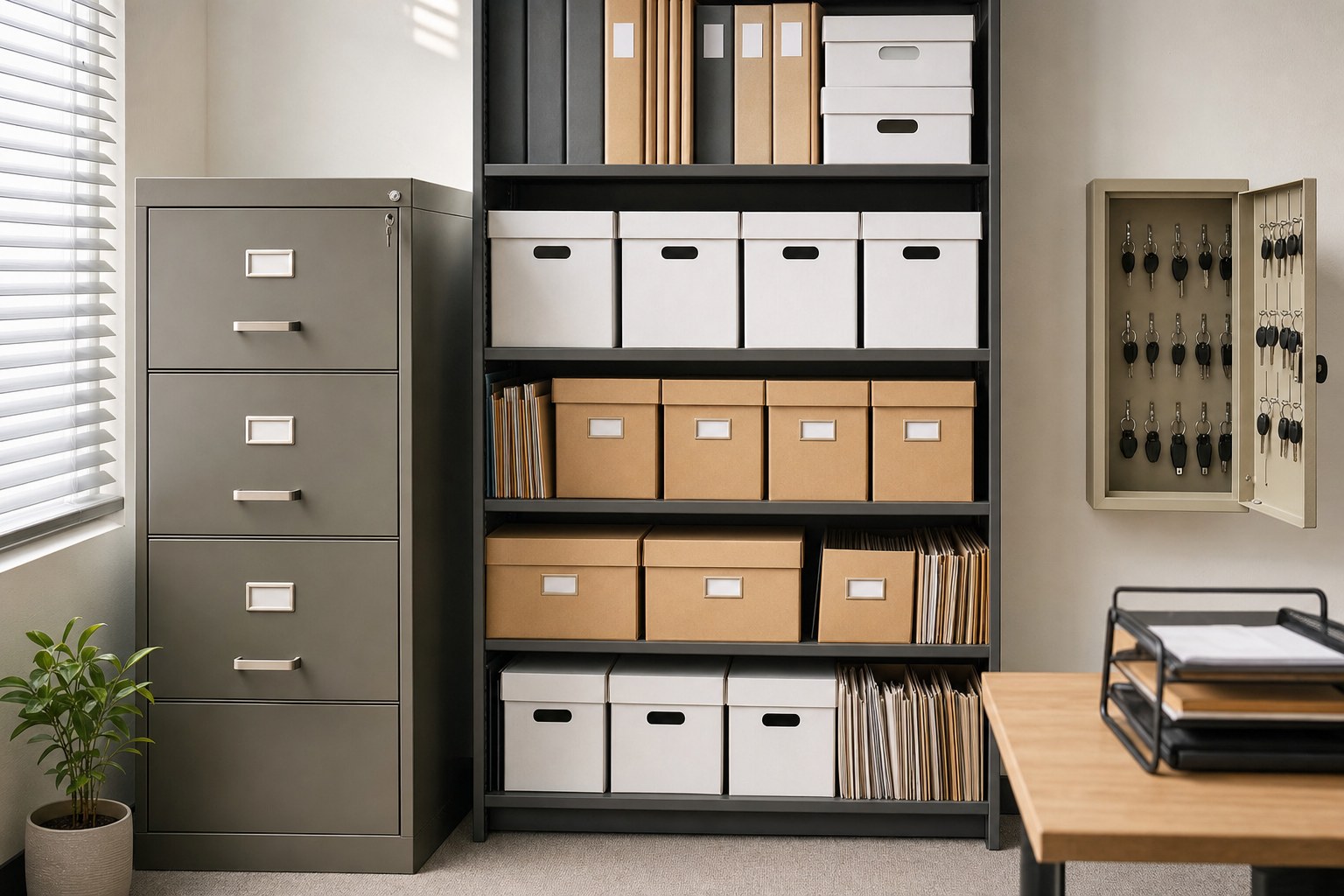 Secure filing cabinet and archive boxes in an orderly business records area