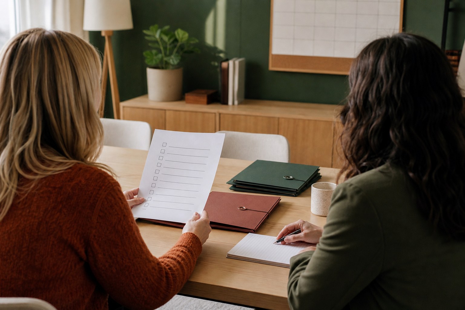 Two local business coworkers reviewing a document retention checklist together