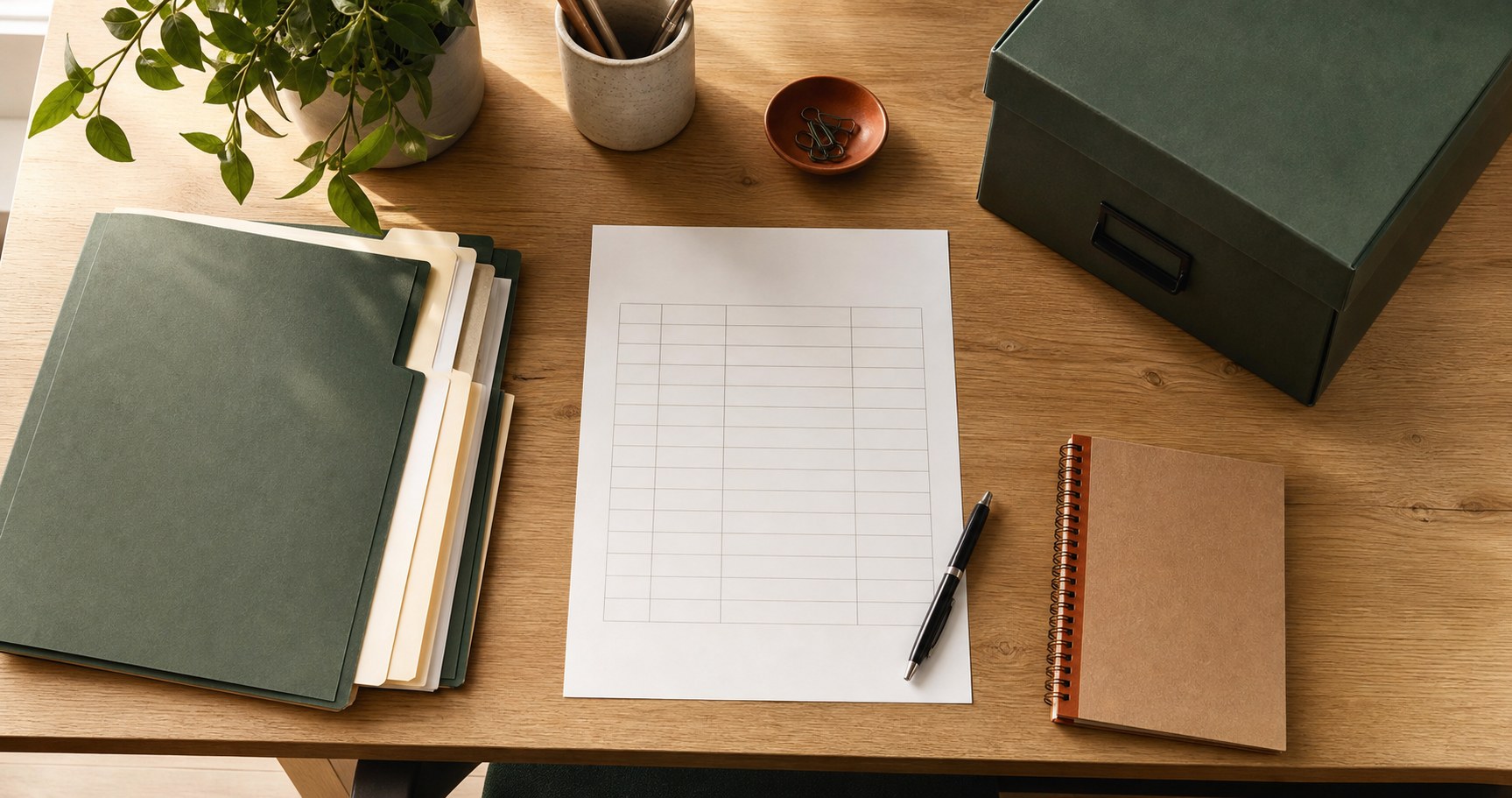 Document retention policy worksheet, file folders, and archive boxes arranged on a business desk