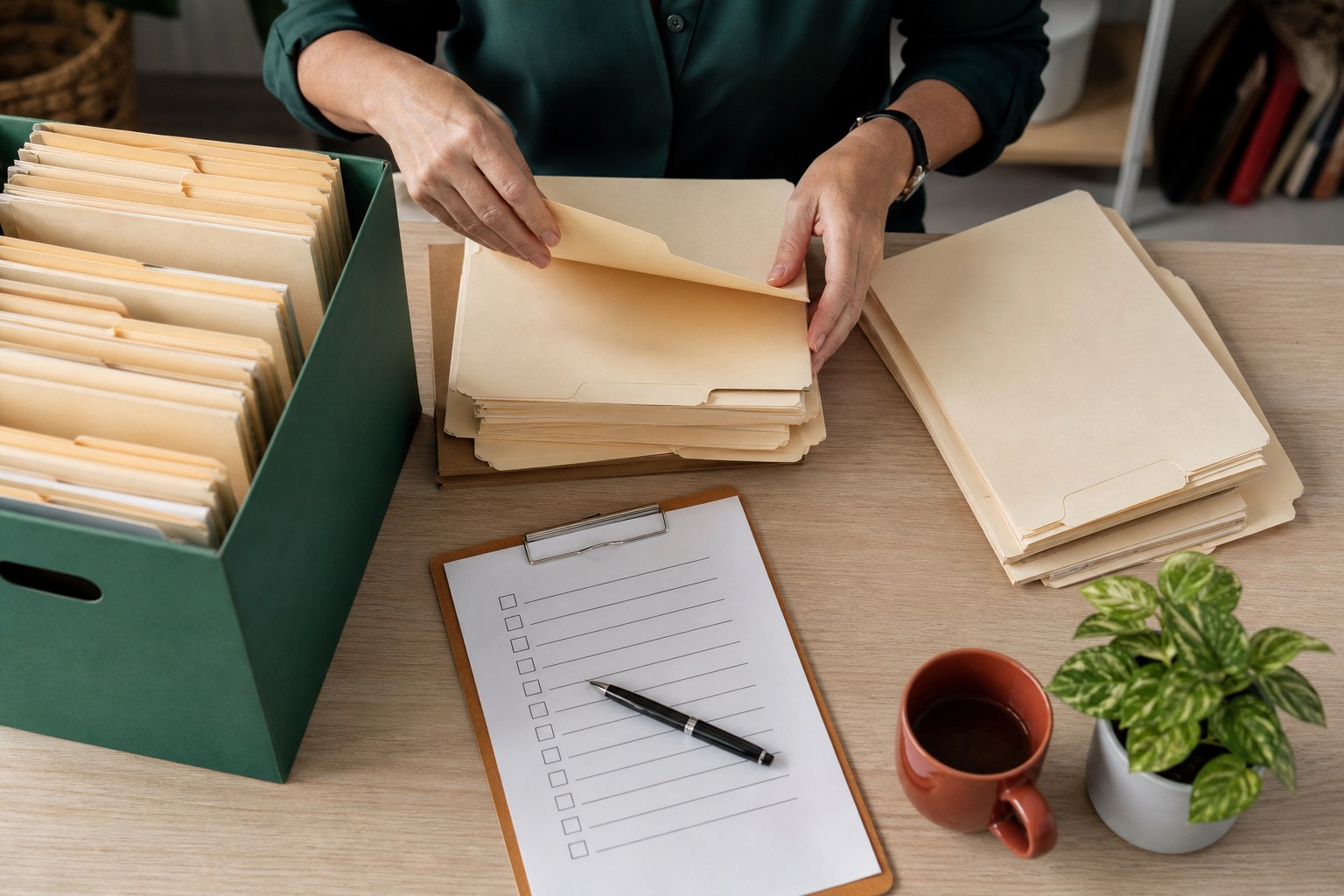 Business records being sorted into organized file groups during a retention review