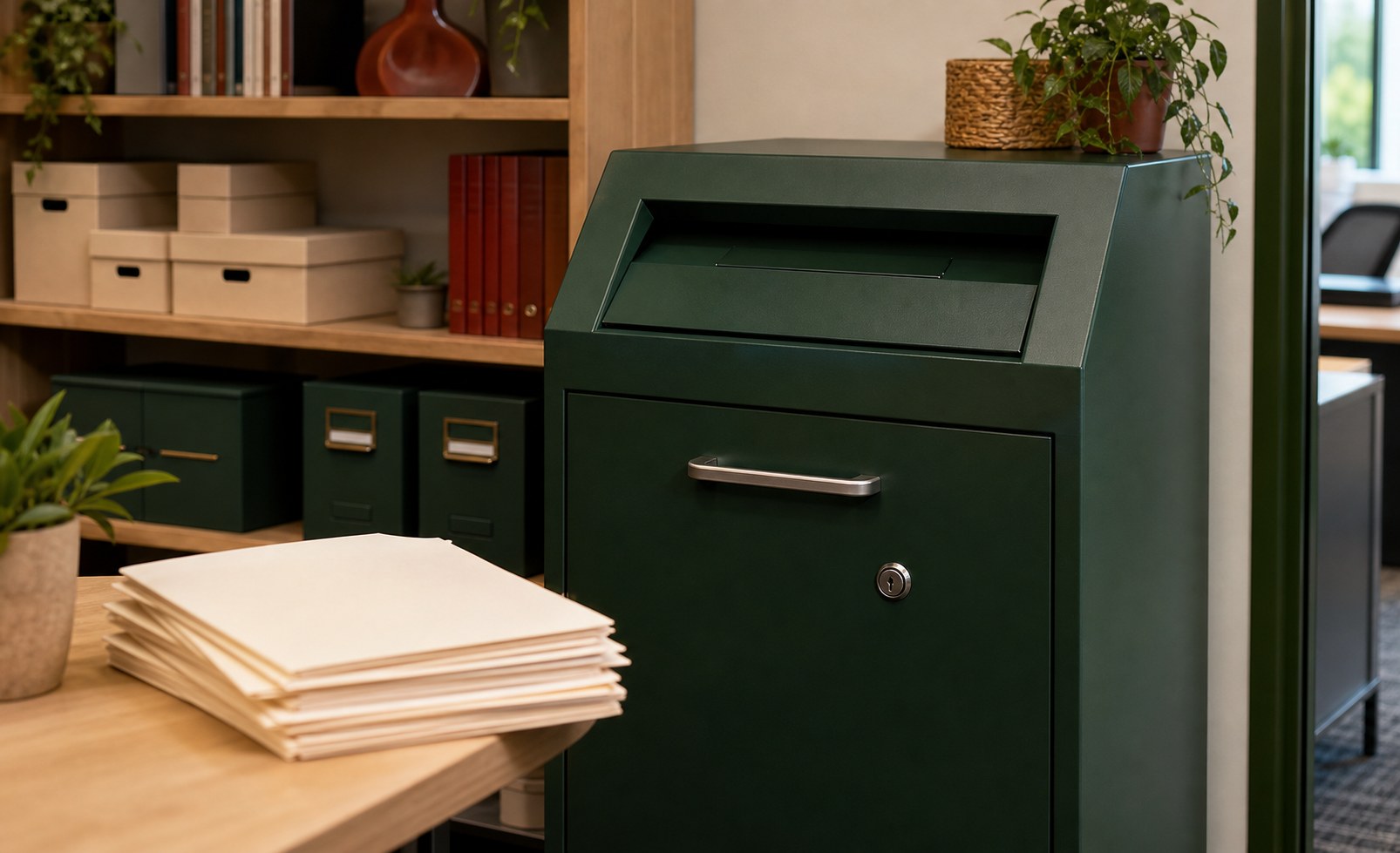 Locked secure document collection console beside approved paper records in an office