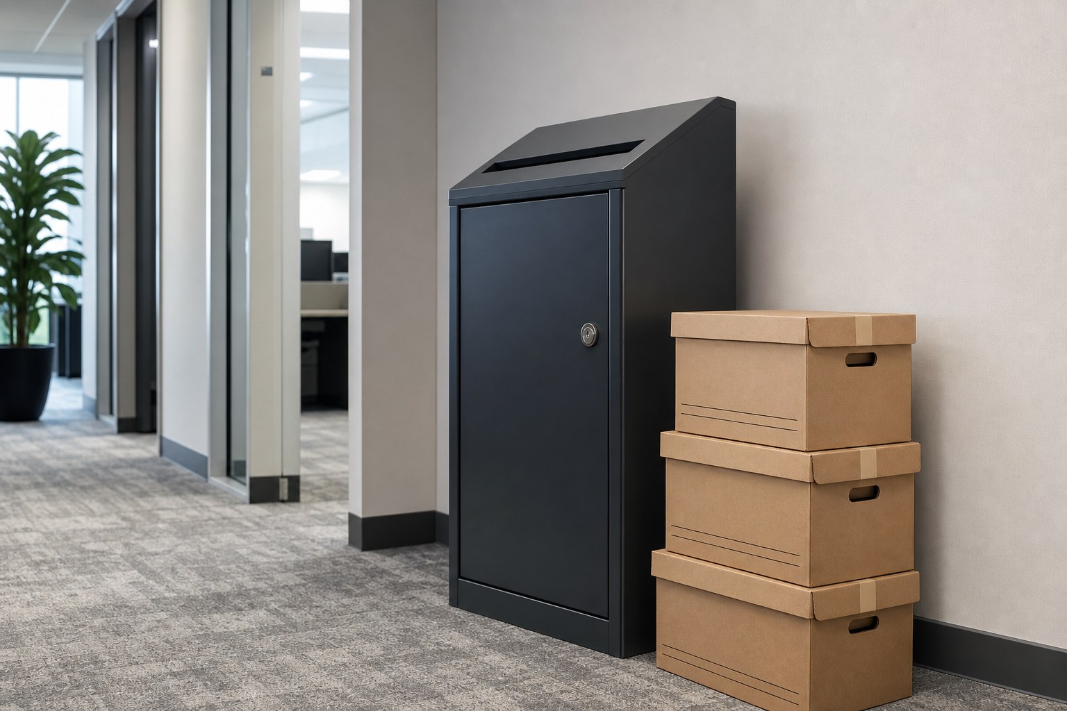 Locked document collection console beside sealed archive boxes in an office corridor