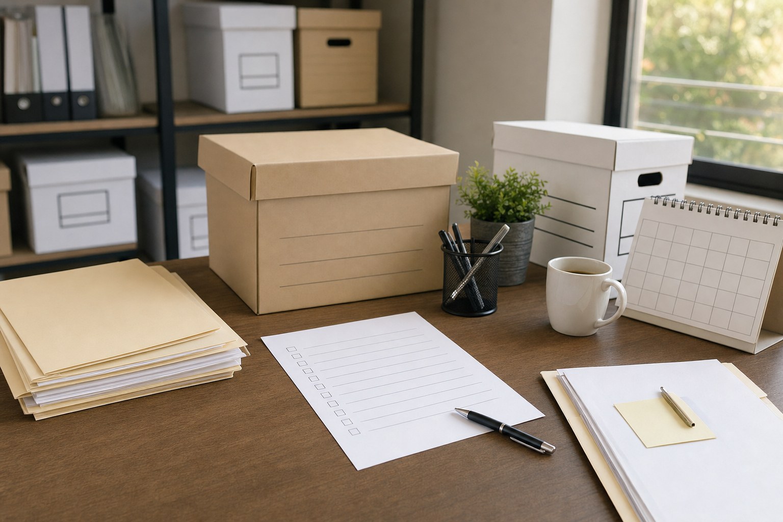 Organized business record review table with folders, archive boxes, and a blank checklist