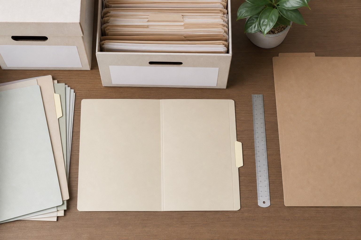 Folders, archive boxes, and a blank notebook arranged for a records inventory
