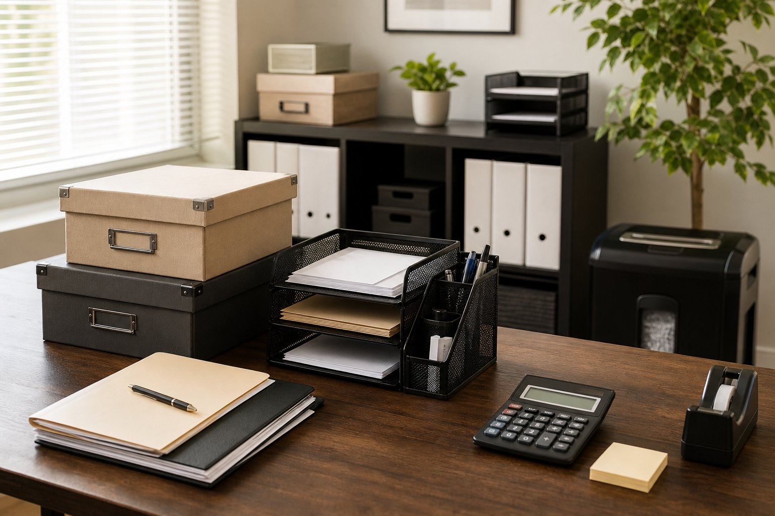 Organized business desk with recordkeeping supplies and a paper shredder