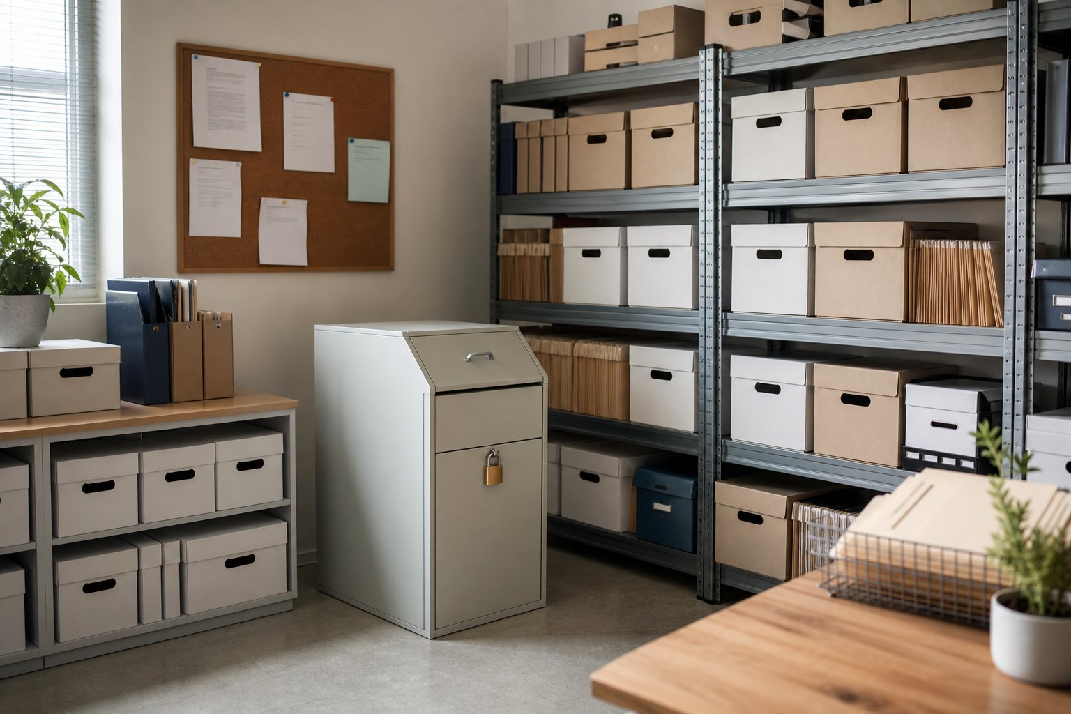 Organized business records room with archive boxes and a locked document collection console