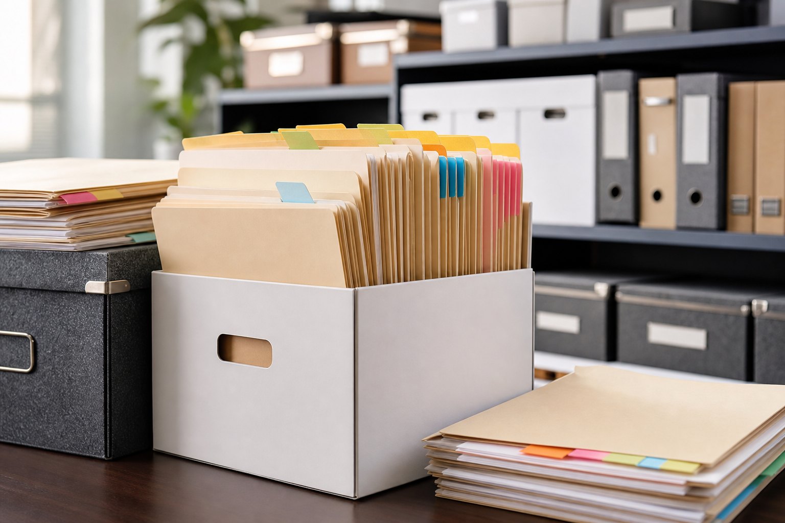 Sorted business folders and archive boxes on a work table
