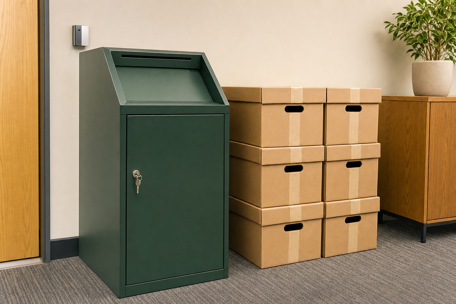Locked document collection console beside sealed archive boxes ready for approved disposal