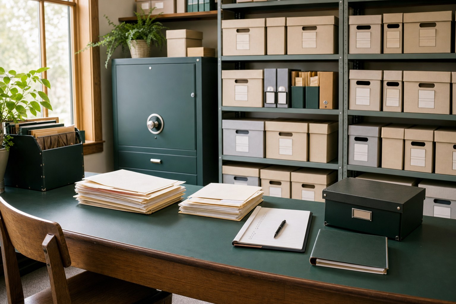 Organized business records room with archive boxes, secure storage, and a document review table