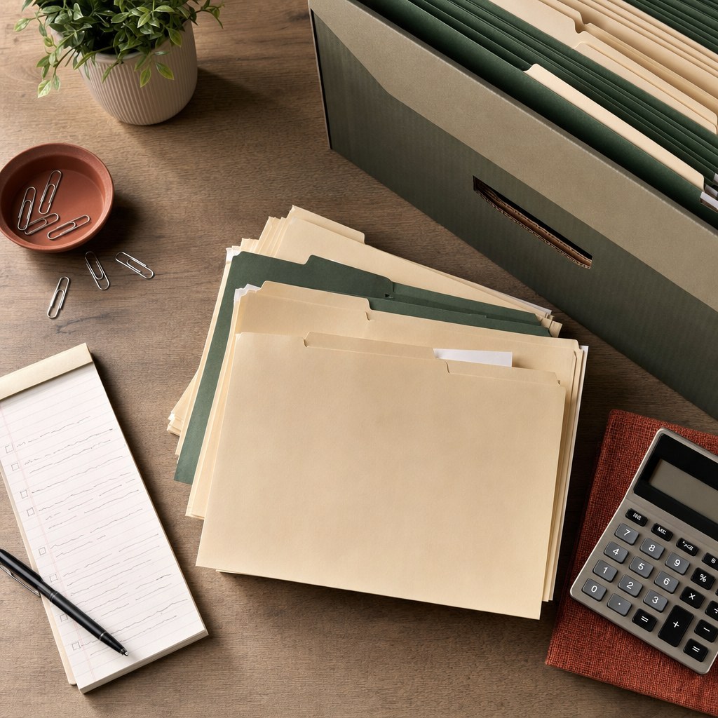 Business folders and a records inventory checklist arranged on a work table