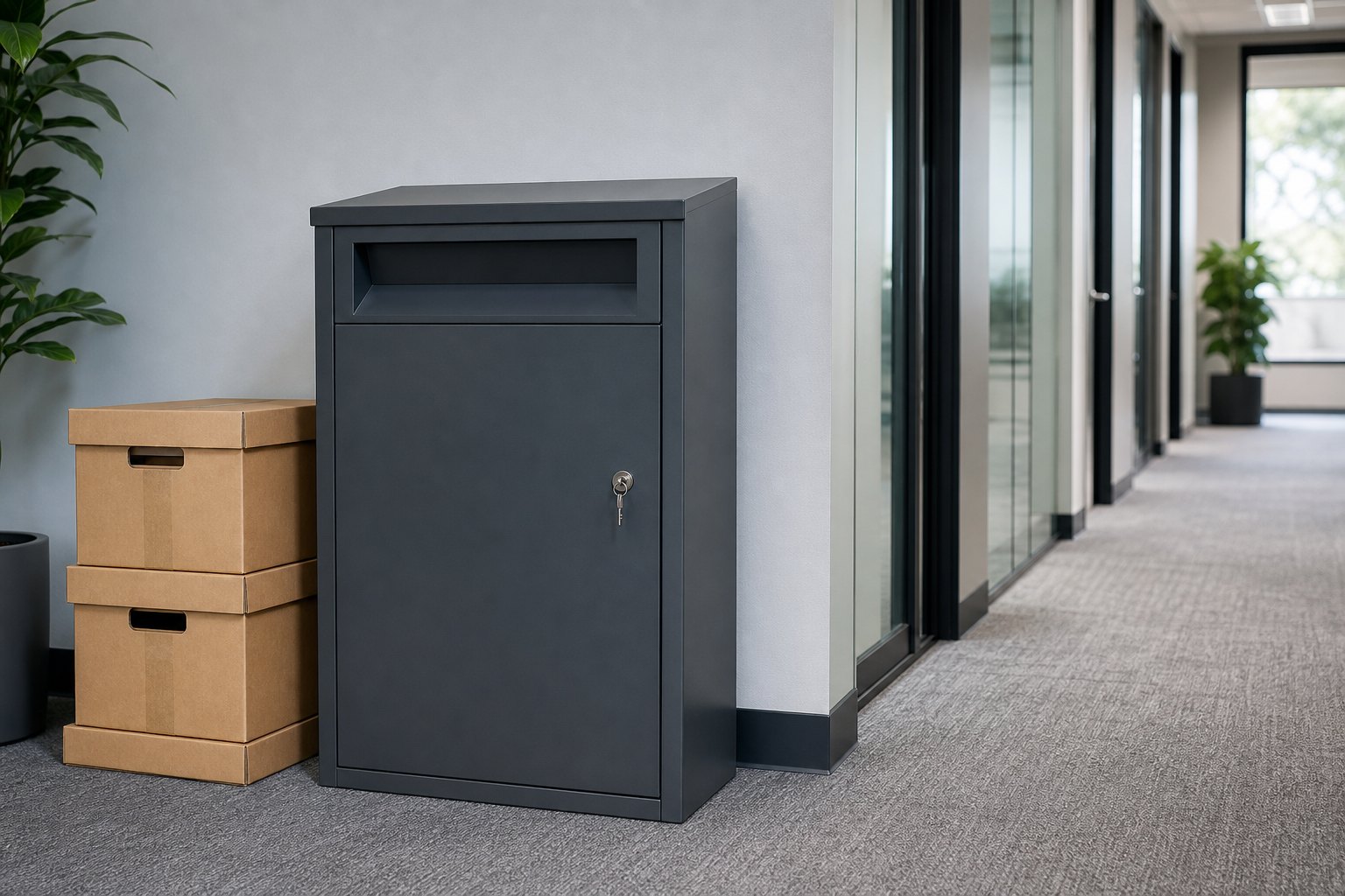 Locked document collection console beside archive boxes in an office hallway