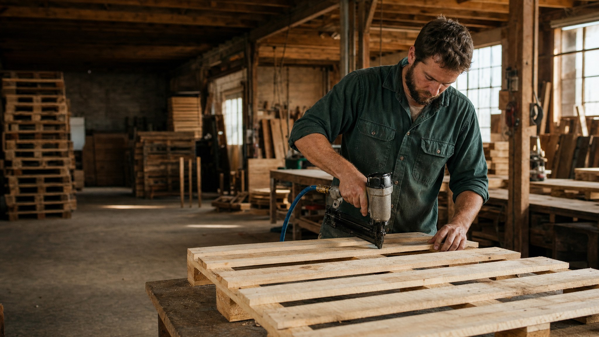Illustrative workshop worker assembling a wooden pallet