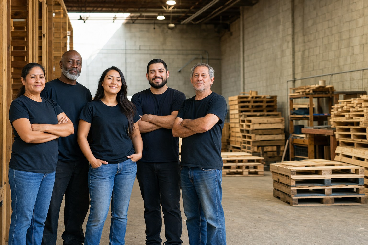 Illustrative coworkers in a pallet workshop