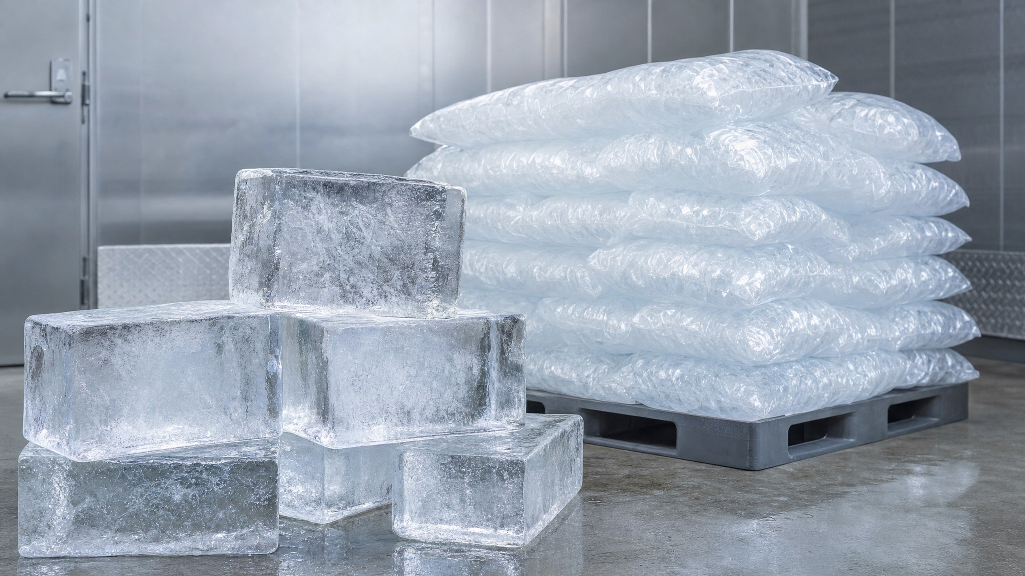 Illustrative clear ice blocks and bagged ice staged in cold storage
